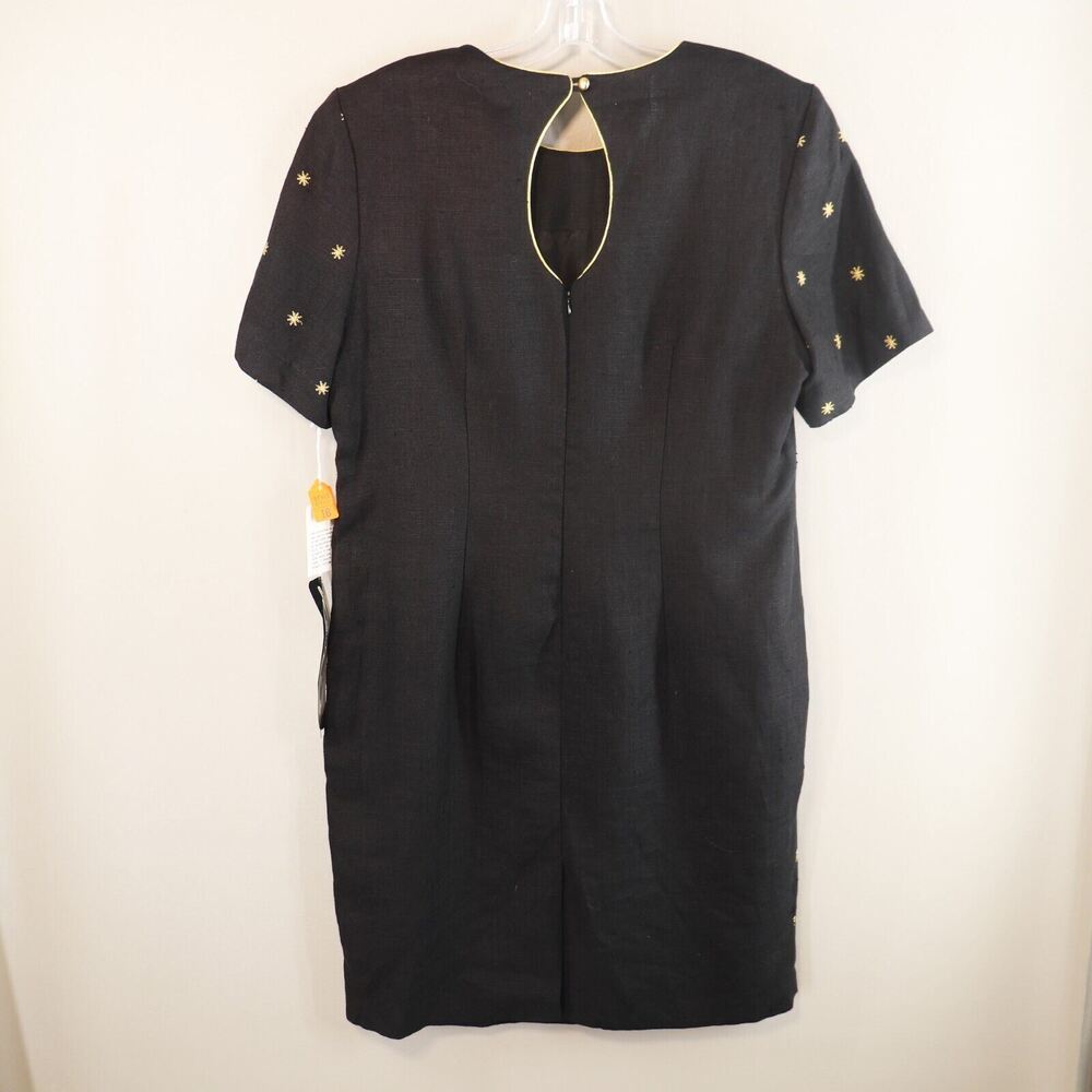 Santa Fe Dress Women Plus 18 Black Linen Gold Star Trim Short Sleeve Keyhole - Picture 6 of 12